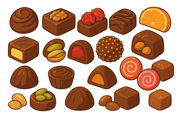 Delicious assortment of chocolates with various shapes, fillings, and toppings suitable for any sweet lover's delight