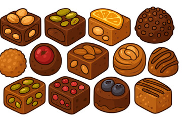 Delicious assortment of chocolate and nut treats displayed in a flat vector illustration