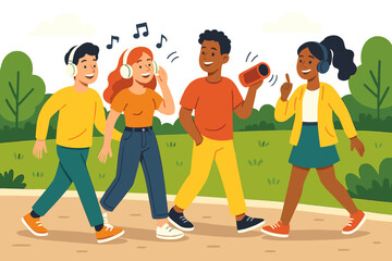 Obraz premium Friends enjoying a lively walk in the park while listening to music from a portable speaker on a sunny day