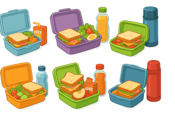 Colorful vector flat illustration of various lunch boxes filled with healthy food ready for school or picnic