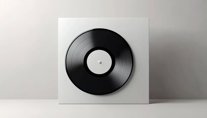 Black vinyl record on a white square album cover with a minimal background.