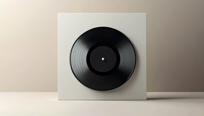 Black vinyl record on a white square album cover with a minimal background.