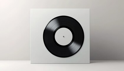 Black vinyl record on a white square album cover with a minimal background.