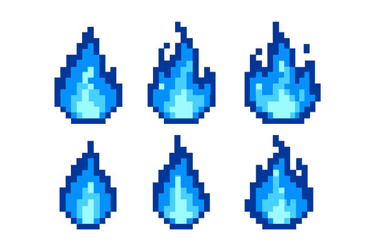 Vibrant blue fire flames in pixel art style for video game design and digital projects