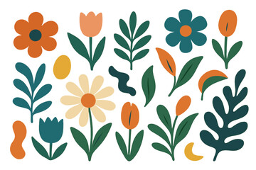 Colorful floral vector illustration featuring various flowers and leaves in a playful arrangement