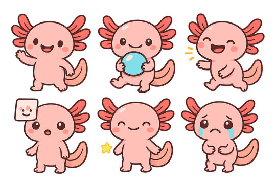 Cute axolotl characters expressing emotions through playful activities in a vibrant vector flat illustration style