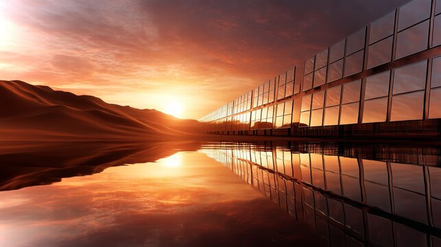 Desert landscape at sunset showcasing innovative solar panels reflecting golden light
