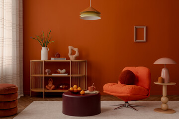 Modern orange  living space with design armchair, sculptural décor and modern lighting. Stylish home decor.