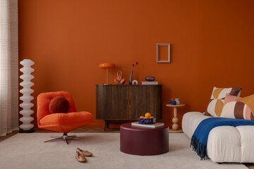 Warm modern living room with burnt orange walls, soft white sofa, and retro swivel chair. Bold colors meet cozy comfort.