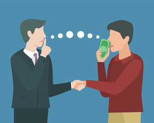 Man finger on lips and cash dollar money bribing person for silence. Hush Money Concept. Illustration Vector Cartoon.