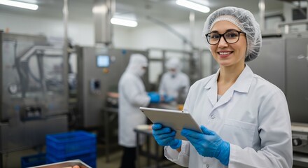 Confident Female Food Production Worker Using Digital Tablet in Modern Factory