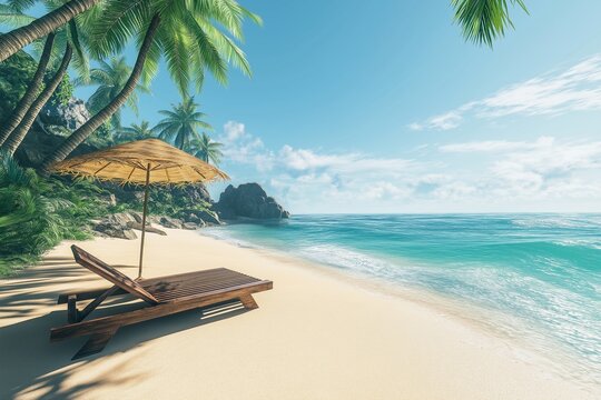 A breathtaking seaside vacation scene featuring an empty beach with a wooden sun lounger and a straw umbrella on soft golden sand. The turquoise ocean waves gently reach the shore, 