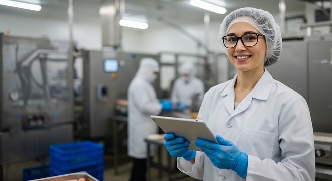 Confident Female Food Production Worker Using Digital Tablet in Modern Factory