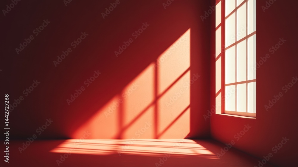 Poster scarlet room with window and sunlight, creating stark shadows and geometric shapes