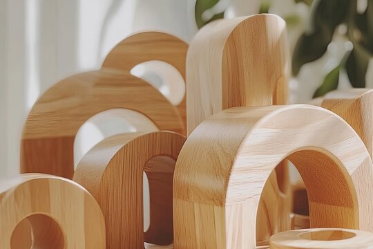 Wooden arches and shapes, light beige color, natural wood grain, shallow depth of field,  toys or decorative items