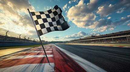 Checkered flag waving at empty race track under dramatic sky with clouds