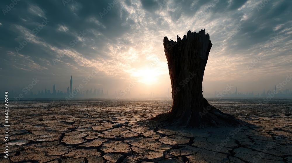 Poster tree stump demonstrating illegal logging and ecosystem damage concept. a desolate landscape featurin