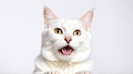 White Cat with Wide Eyes and Surprised Expression in Bright Lighting