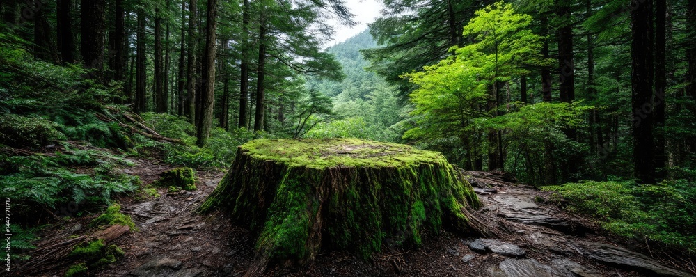 Poster tree stump demonstrating illegal logging and ecosystem damage concept. a serene forest scene featuri