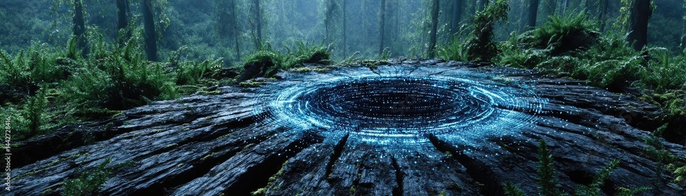 Poster tree stump demonstrating illegal logging and ecosystem damage concept. mysterious circular pattern o
