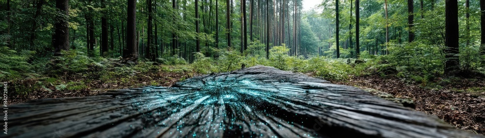 Poster tree stump demonstrating illegal logging and ecosystem damage concept. a serene forest landscape wit