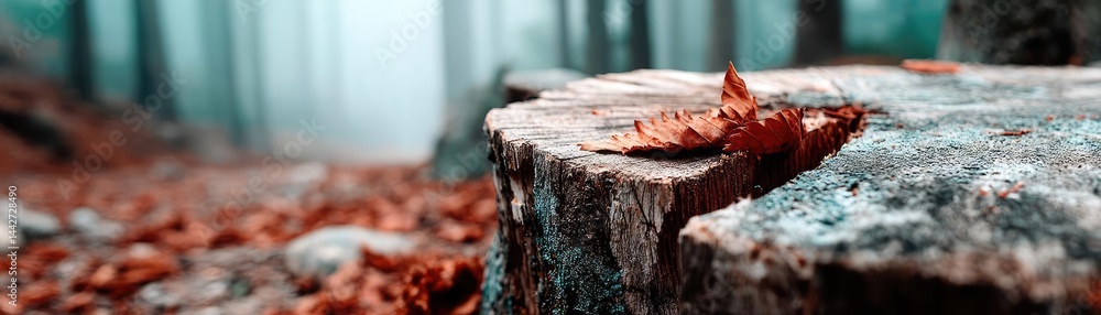 Poster tree stump demonstrating illegal logging and ecosystem damage concept. autumn leaves on a tree stump
