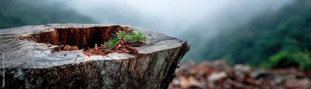Poster tree stump demonstrating illegal logging and ecosystem damage concept. a young plant emerging from a