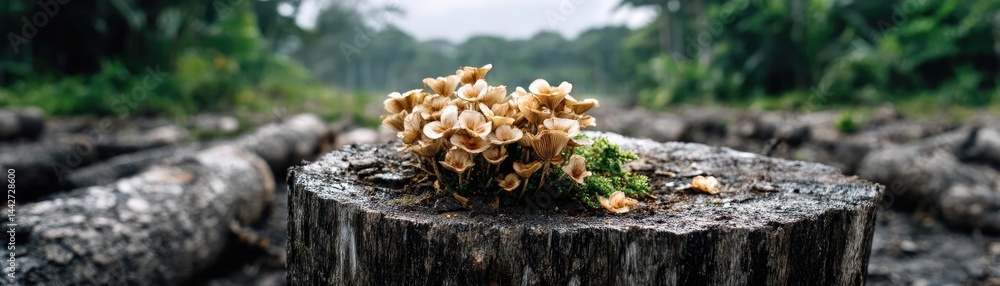 Poster tree stump demonstrating illegal logging and ecosystem damage concept. a detailed view of mushrooms 