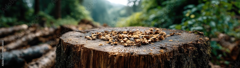 Poster tree stump demonstrating illegal logging and ecosystem damage concept. close-up view of a tree stump
