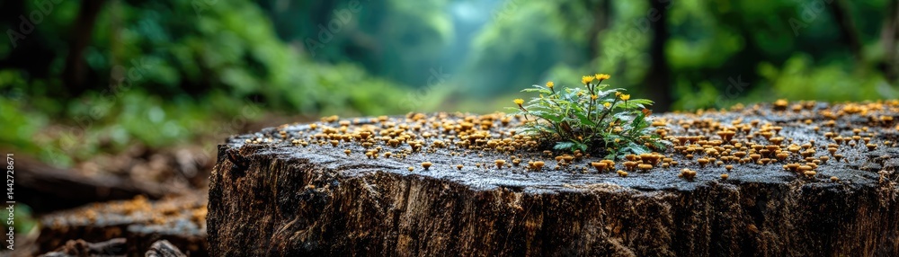 Poster tree stump demonstrating illegal logging and ecosystem damage concept. a small plant grows atop a tr