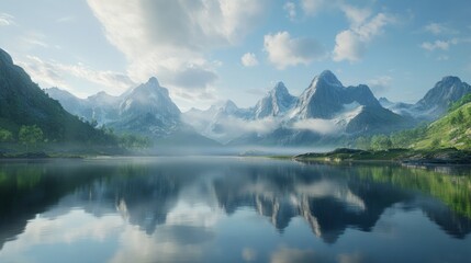 Fototapeta premium Serene mountain lake reflecting a vibrant sky. Misty peaks, tranquil waters, lush greenery