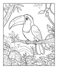 Naklejka premium Cute adorable toucan coloring page for kids, tropical bird black line art vector illustration on white background