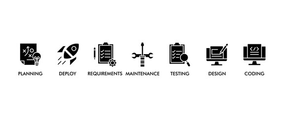 Software development life cycle banner web icon set vector illustration concept sdlc with icon of planning, requirements, design, coding, testing, deploy and maintenance icons infographics background