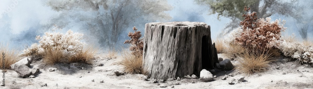 Poster tree stump demonstrating illegal logging and ecosystem damage concept. a serene landscape showcasing