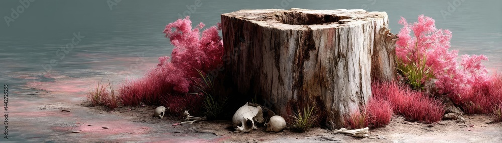Poster tree stump demonstrating illegal logging and ecosystem damage concept. a vibrant stump surrounded by