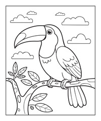 Obraz premium Cute adorable toucan coloring page for kids, tropical bird black line art vector illustration on white background