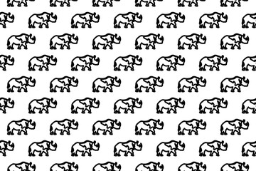 Seamless pattern completely filled with outlines of rhinoceros symbols. Elements are evenly spaced. Illustration on transparent background