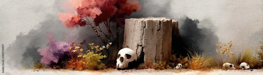Poster tree stump demonstrating illegal logging and ecosystem damage concept. a hauntingly beautiful scene 