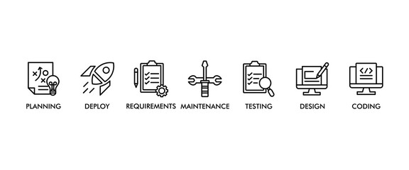 Software development life cycle banner web icon set vector illustration concept sdlc with icon of planning, requirements, design, coding, testing, deploy and maintenance icons infographics background