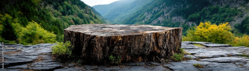 Poster tree stump demonstrating illegal logging and ecosystem damage concept. a serene landscape featuring 