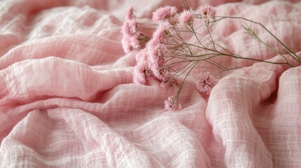 Delicate pink fabric with dried flowers creating a soft and textured background