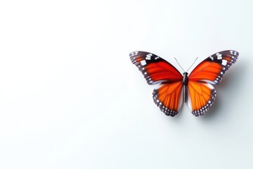 Obraz premium A vibrant orange and black butterfly, wings spread, set against a plain white backdrop. The image emphasizes the delicate beauty and intricate patterns of the butterfly's wings
