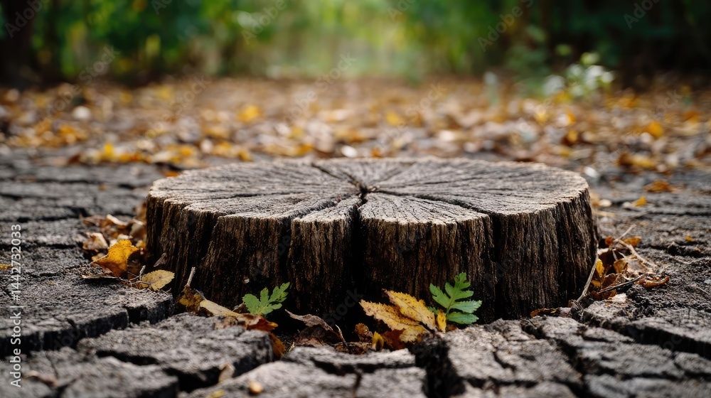 Poster tree stump illustrating the impact of human activity on forests concept. a tree stump surrounded by 
