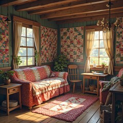 Warm Cottage Interior Filled with Handmade Quilts – Cozy Vintage Home Scene