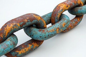 Closeup of rusted metal chain links exhibiting texture and decay