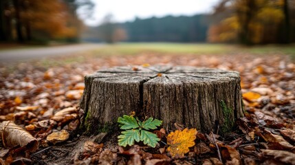 Obraz premium Tree stump illustrating the impact of human activity on forests concept. Wooden stump surrounded by fallen autumn leaves in a forest.