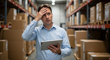 Stressed Warehouse Manager Holding Tablet, Inventory Management Problem, Frustration, Logistics, Supply Chain Issues