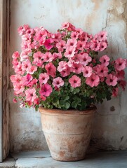A large pot brimming with pink geranium flowers adds color and life against a smooth off white stucco wall. The arrangement creates a warm and inviting ambiance in the room