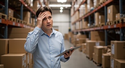 Stressed Warehouse Manager Facing Inventory Discrepancy with Digital Tablet in Large Distribution Center