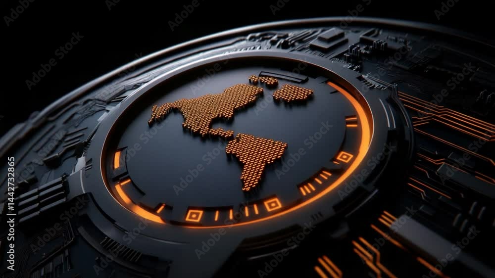 Poster abstract representation of a world map integrated with technology-themed circuit design in dark and 